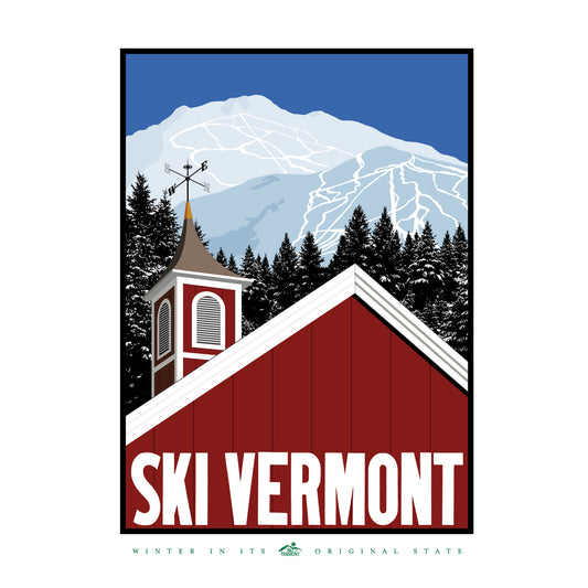 Illustration of a red barn with a steeple in front of a snowy Vermont mountain with ski trails and evergreen trees.