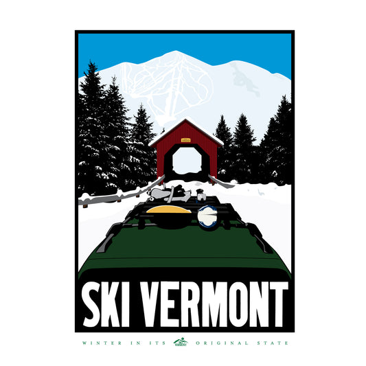 Illustration of a ski- and snowboard-loaded car approaching a red covered bridge in snowy Vermont, with mountains and trees in the background.