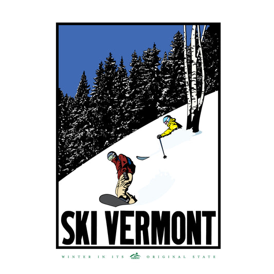 Skier and snowboarder riding through fresh powder on a steep slope with snow-covered trees and blue skies.