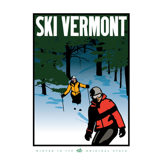 A skier and a snowboarder navigating through a wooded glade with deep snow and tall evergreen trees.