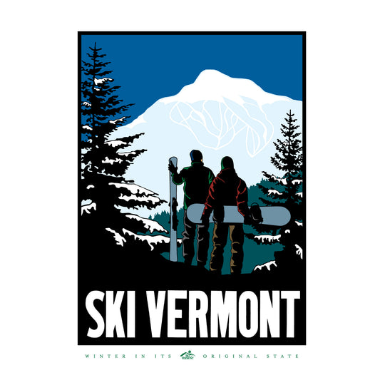 An illustration of a skier and a snowboarder overlooking a mountain in Vermont.