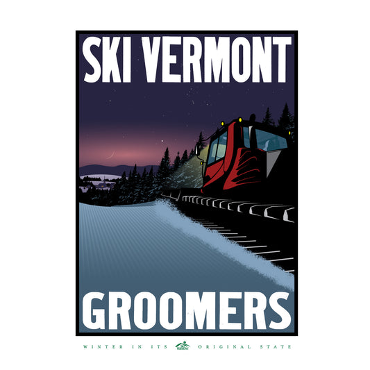 Illustration of a snowcat grooming a ski trail at twilight with snowy trees, stars, and a crescent moon in the background.