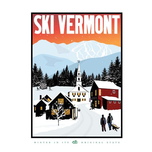 Illustration of a snowy Vermont village with lit windows, church steeple, mountain trails, and people walking in the snow.