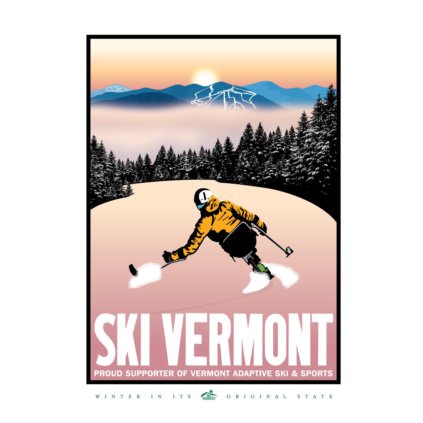 Poster showing a sit-skier carving down a snowy slope at sunrise, with text supporting Vermont Adaptive Ski & Sports and mountain scenery in the background.
