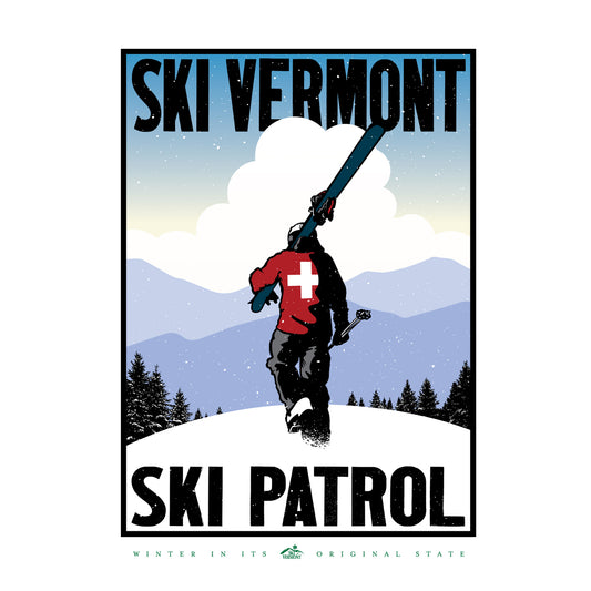Illustration of a ski patroller in a red jacket with a white cross, carrying skis uphill with snowy trees and mountains in the background.