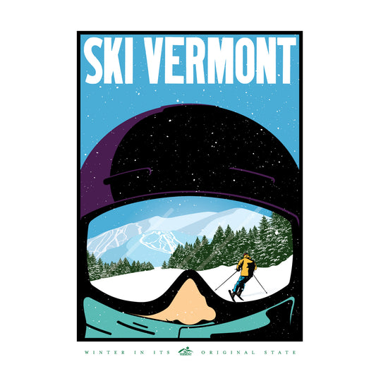 Illustration of a skier reflected in snow goggles, with a snowy mountain, trees, and ski trails in the background.