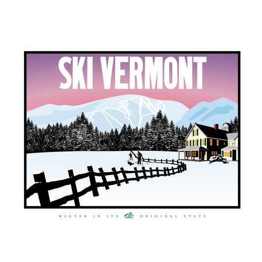 Two skiers walking through a snowy field near a farmhouse, with mountain trails and a pink sunset sky in the background.