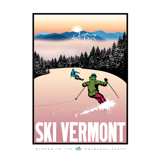 Poster showing a skier and snowboarder carving down a snowy slope at sunrise, with distant mountains and evergreen trees.