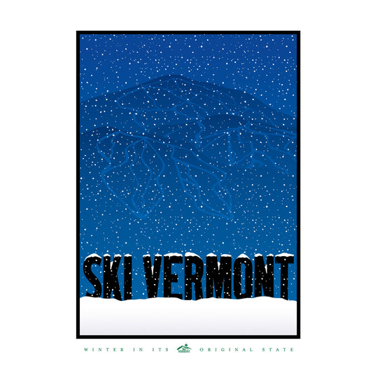 Illustration with falling snow, a dark blue mountain background with ski trails, and bold “Ski Vermont” text across a snowy base.