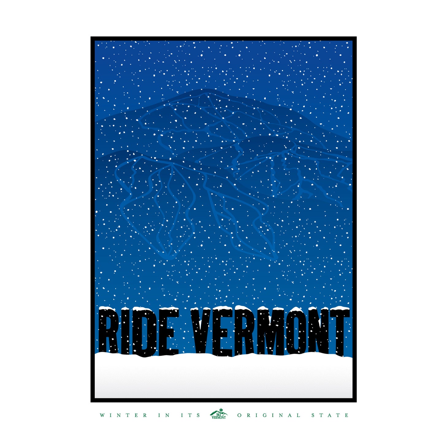 Minimalist poster with falling snow, a dark blue mountain background with ski trails, and the text “Ride Vermont” in bold.