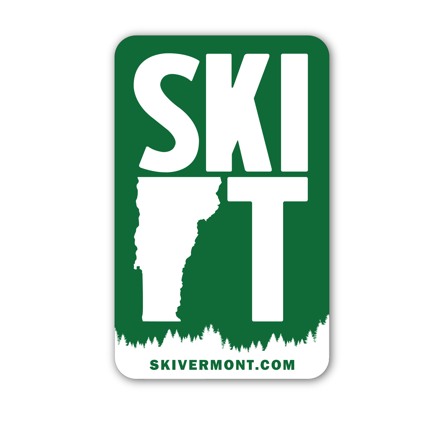 Green and white Ski Vermont sticker with large text “SKI VT,” Vermont state outline, forest graphic, and skivermont.com URL.