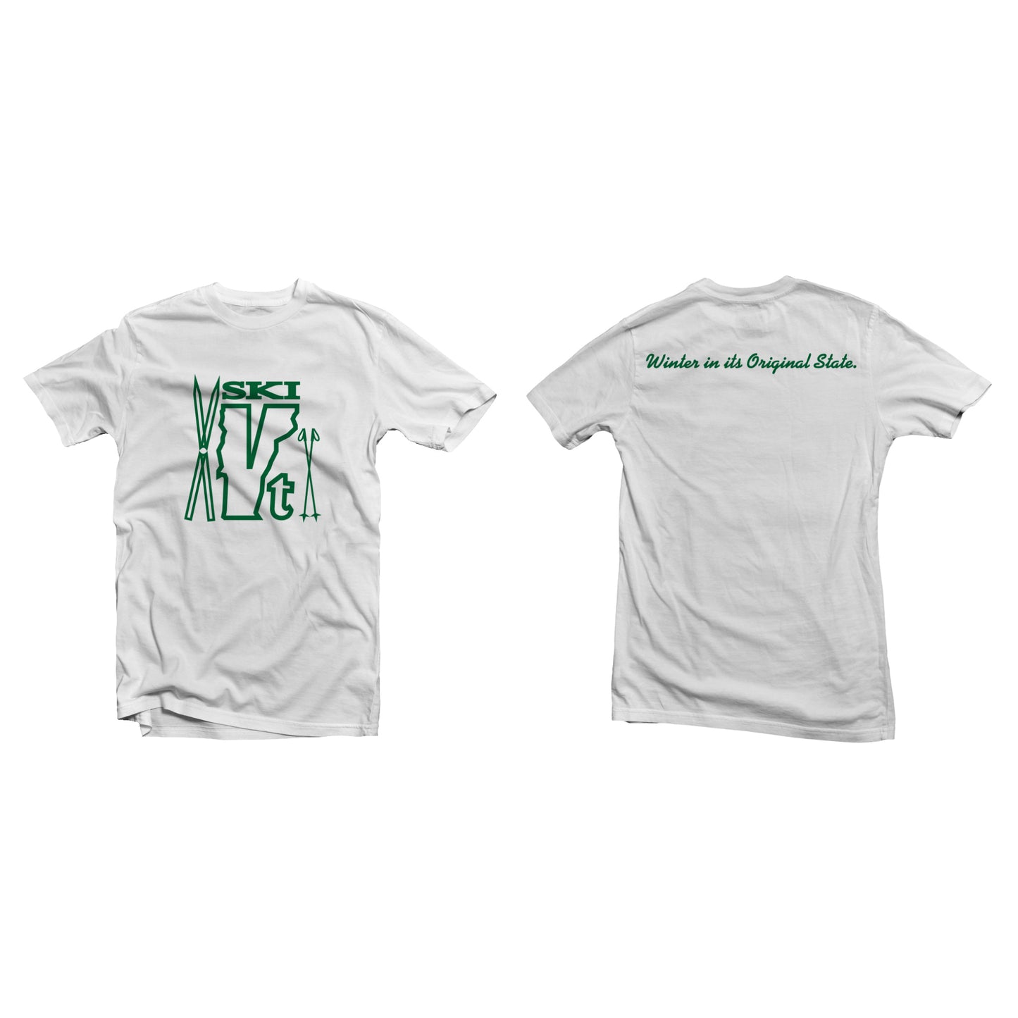 White t-shirt with a retro “Ski VT” graphic made of skis, poles, and a Vermont outline on the front, and slogan text on the back.