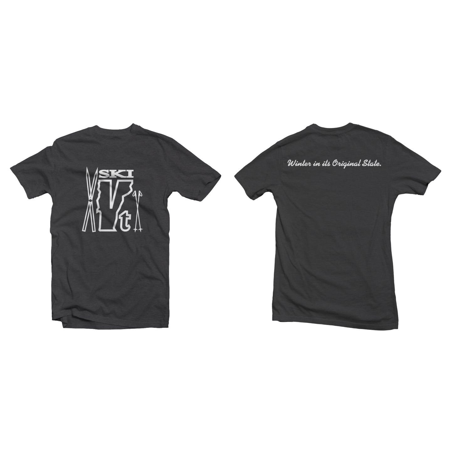 Charcoal t-shirt with a retro “Ski VT” graphic made of skis, poles, and a Vermont outline on the front, and slogan text on the back.