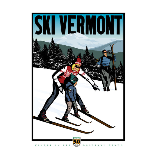 Illustration of a family learning to ski together with a 50th anniversary Ski Vermont badge, snowy trees, and mountains in the background.
