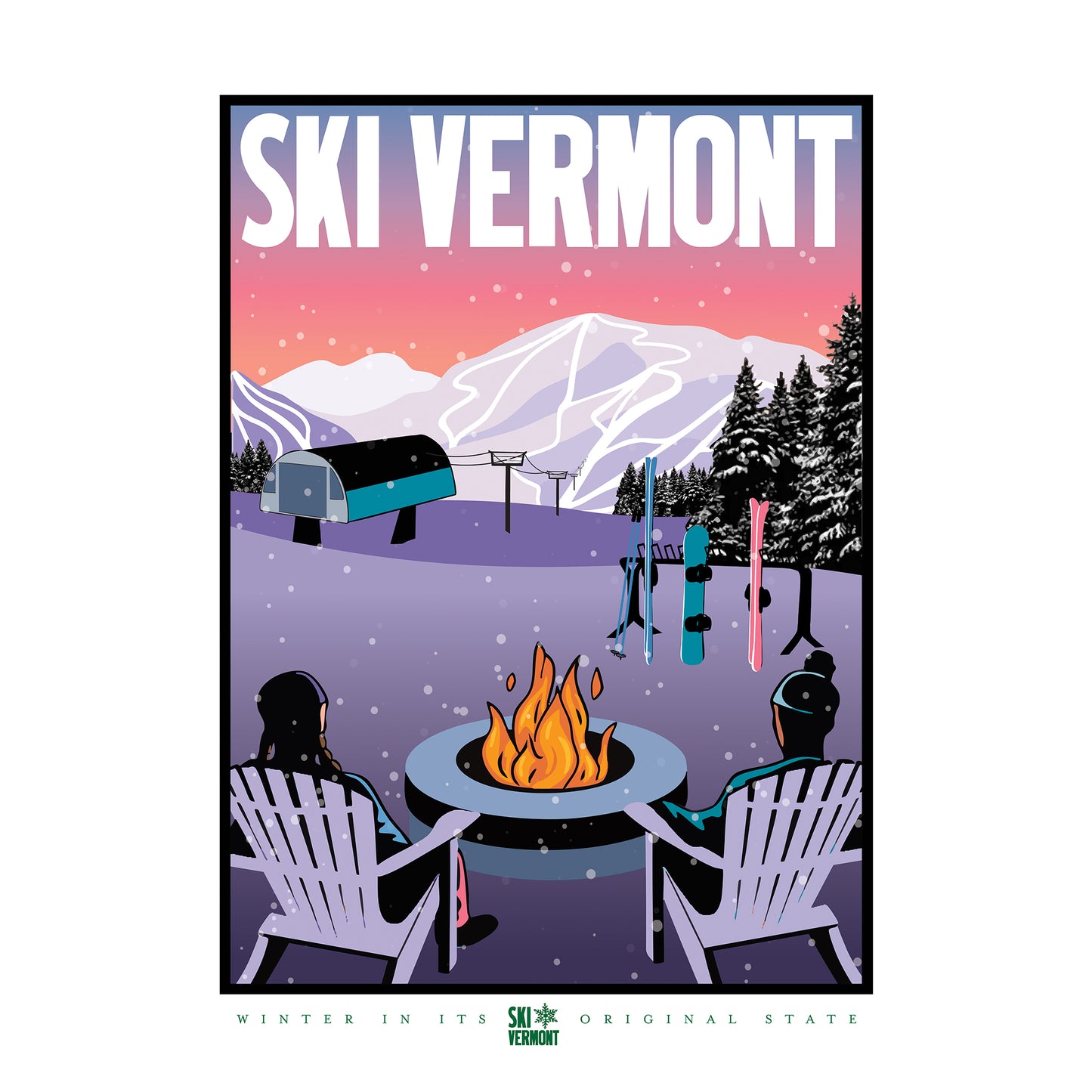 Illustrated winter scene promoting “Ski Vermont.” A snowy mountain landscape features ski trails, a lift, and a cozy base area at sunset. In the foreground, two people sit in Adirondack chairs by a firepit, with skis and snowboards propped nearby. Snow falls gently as the sky glows pink and purple. Bold white text at the top reads “Ski Vermont,” with the tagline “Winter in Its Original State” below.