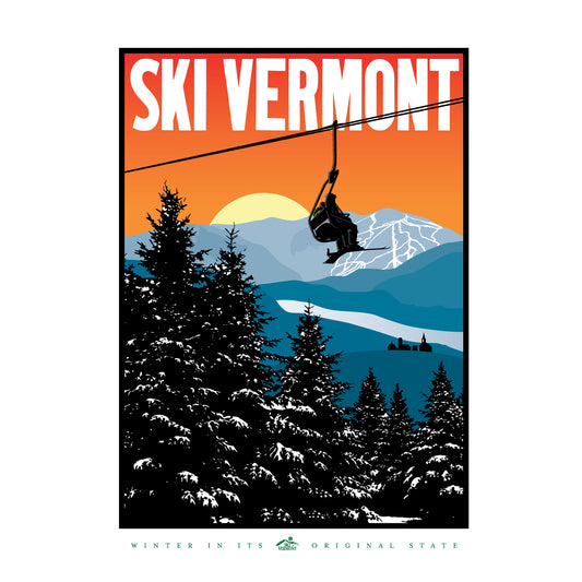 Skier and snowboarder riding a chairlift above snowy pine trees with an orange sunset and distant mountains in the background.