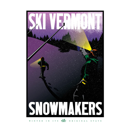 Illustration of two snowmakers working at night under a snowy sky with snow guns and glowing headlamps, part of the Ski Vermont Industry Tribute Series.