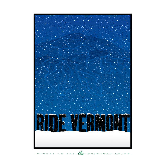 Minimalist poster with falling snow, a dark blue mountain background with ski trails, and the text “Ride Vermont” in bold.