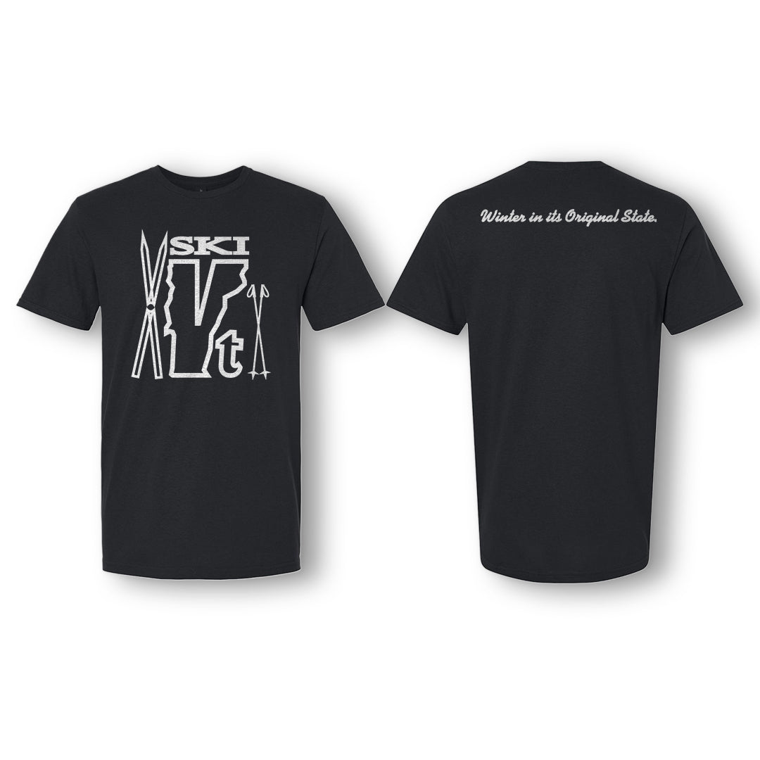 Black t-shirt with a retro “Ski VT” graphic made of skis, poles, and a Vermont outline on the front, and slogan text on the back.