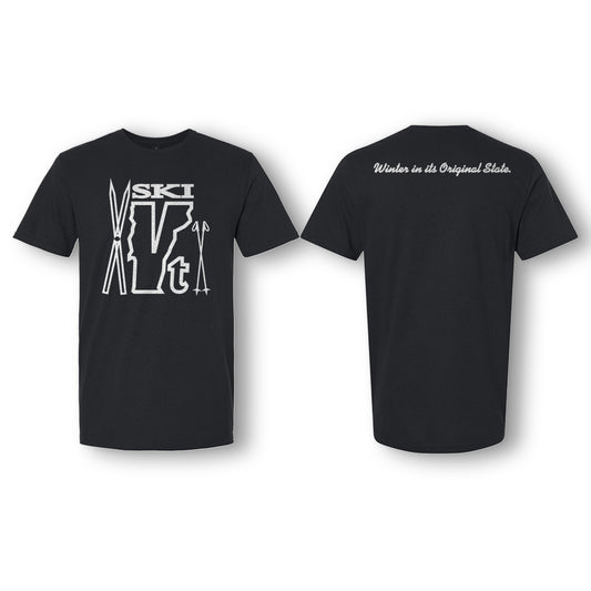 Black t-shirt with a retro “Ski VT” graphic made of skis, poles, and a Vermont outline on the front, and slogan text on the back.