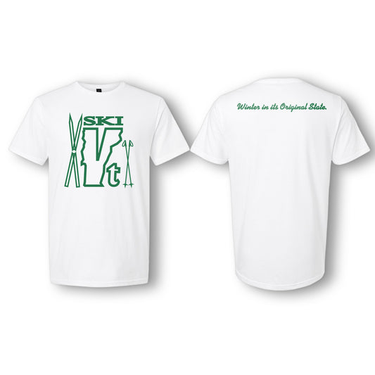 White t-shirt with a retro “Ski VT” graphic made of skis, poles, and a Vermont outline on the front, and slogan text on the back.