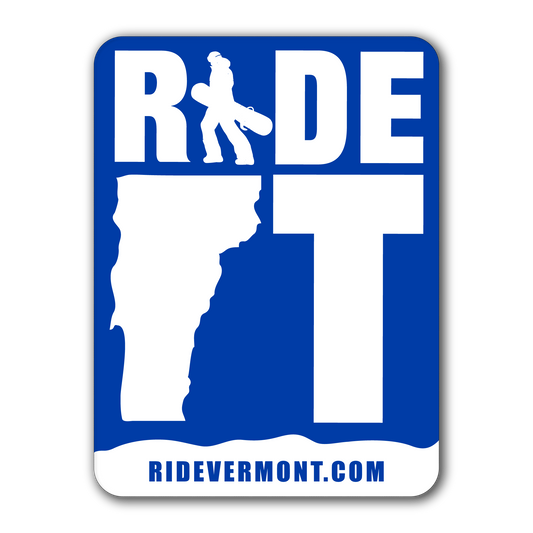 Blue and white Ride Vermont sticker with a snowboarder silhouette, Vermont state outline, and the text “RIDE VT” and “ridevermont.com.”