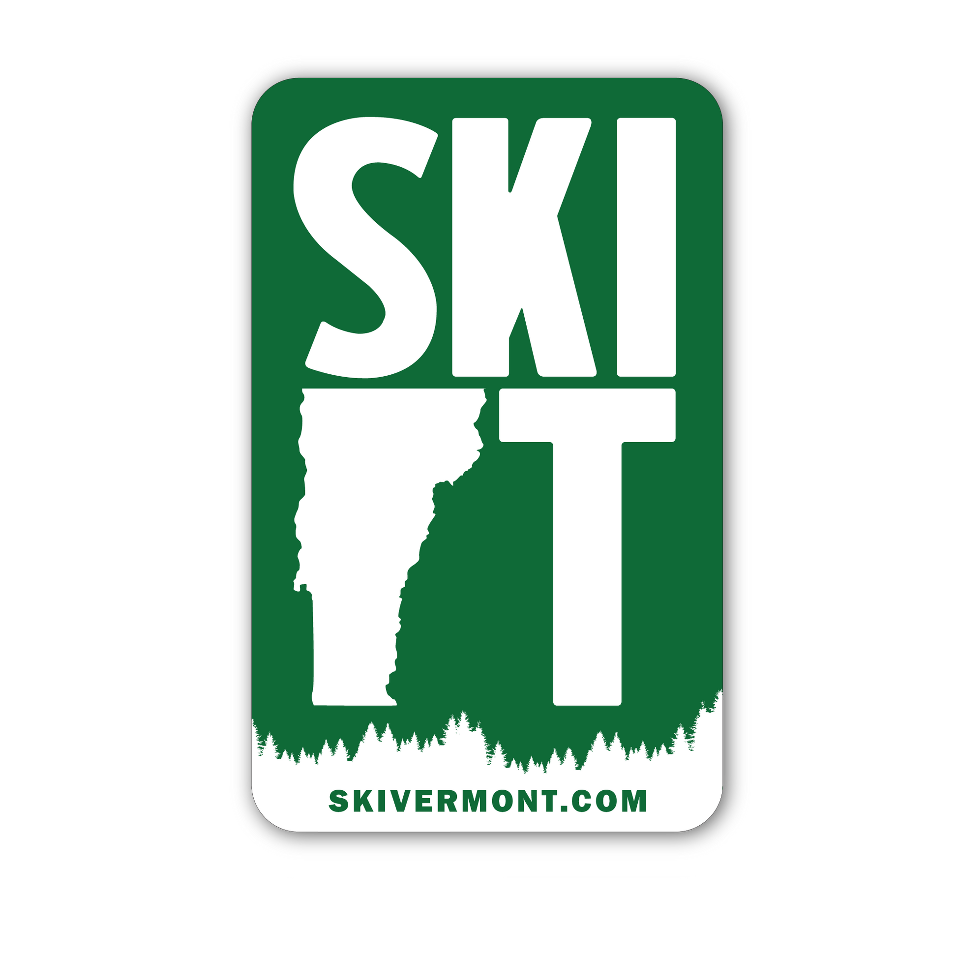 Green and white Ski Vermont sticker with large text “SKI VT,” Vermont state outline, forest graphic, and skivermont.com URL.