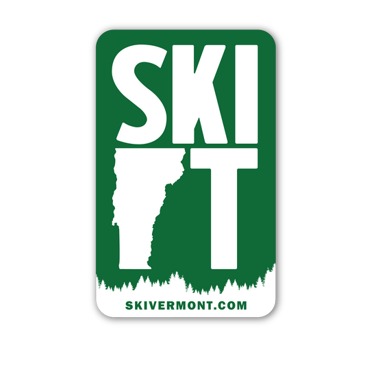 Green and white Ski Vermont sticker with large text “SKI VT,” Vermont state outline, forest graphic, and skivermont.com URL.