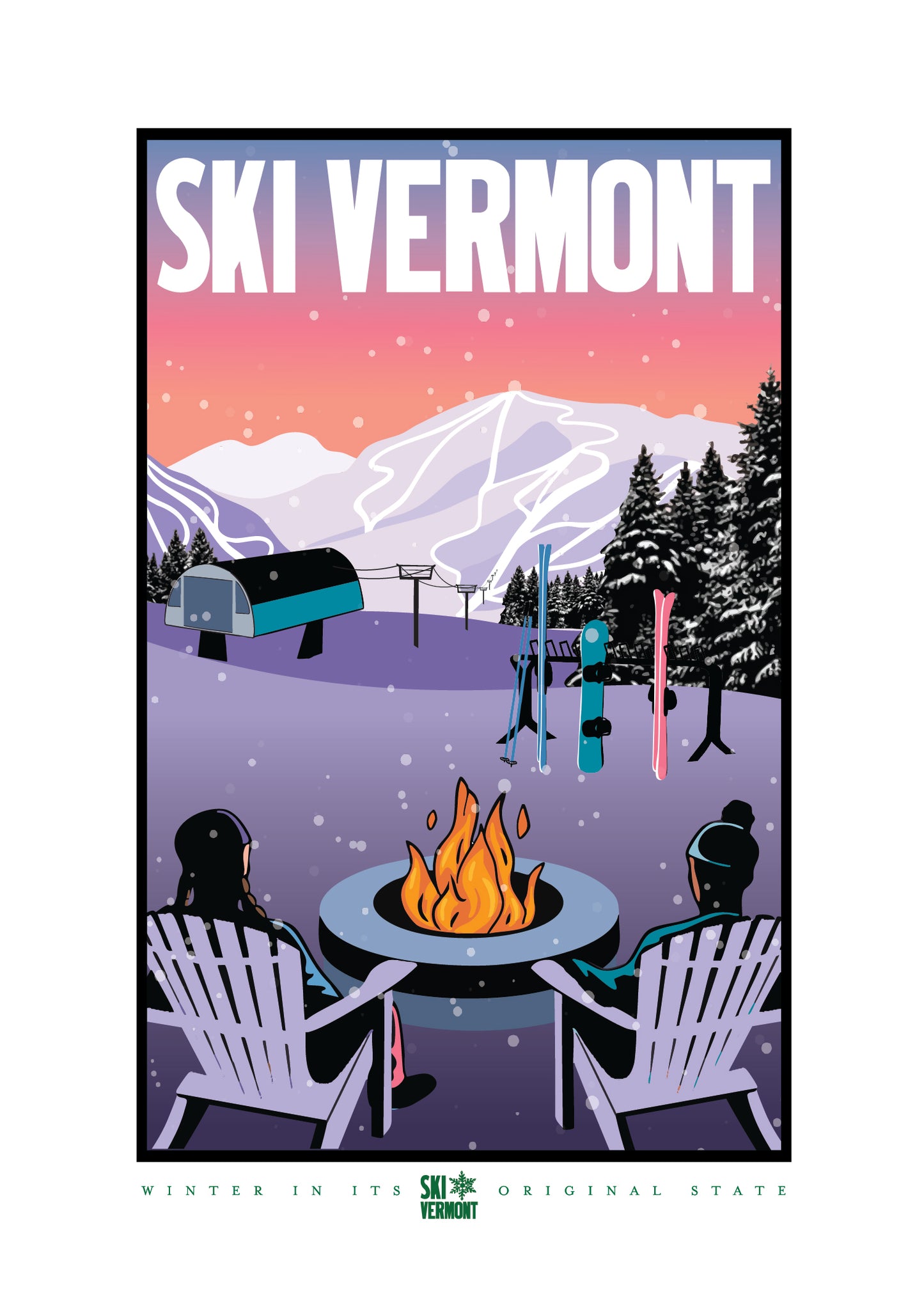 Illustrated winter scene promoting “Ski Vermont.” A snowy mountain landscape features ski trails, a lift, and a cozy base area at sunset. In the foreground, two people sit in Adirondack chairs by a firepit, with skis and snowboards propped nearby. Snow falls gently as the sky glows pink and purple. Bold white text at the top reads “Ski Vermont,” with the tagline “Winter in Its Original State” below.