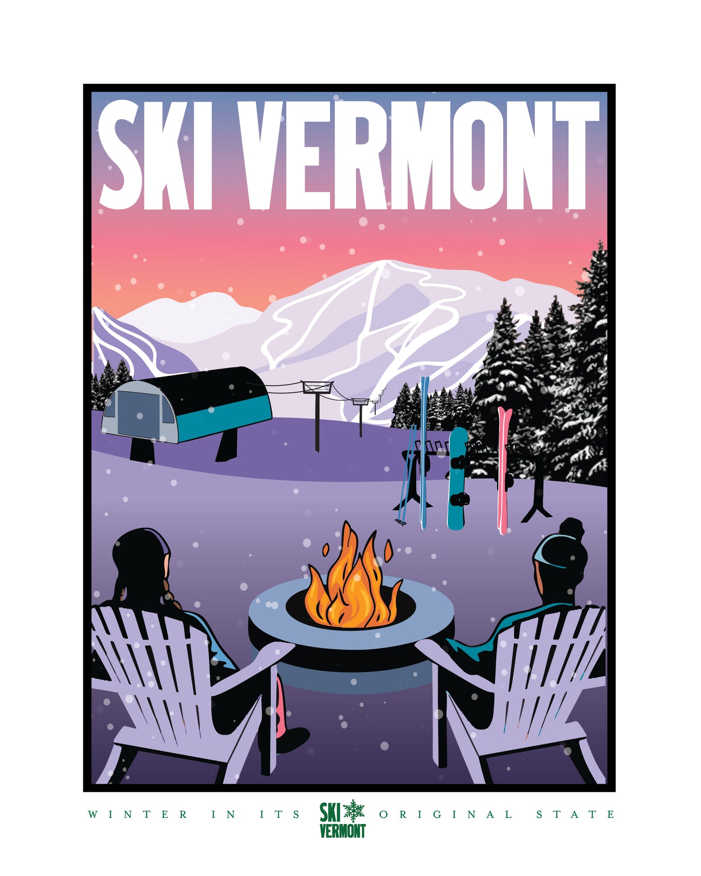 Illustrated winter scene promoting “Ski Vermont.” A snowy mountain landscape features ski trails, a lift, and a cozy base area at sunset. In the foreground, two people sit in Adirondack chairs by a firepit, with skis and snowboards propped nearby. Snow falls gently as the sky glows pink and purple. Bold white text at the top reads “Ski Vermont,” with the tagline “Winter in Its Original State” below.