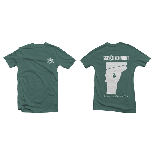 Green Ski Vermont t-shirt with small snowflake logo on the front and a large white Vermont state outline, chairlift, and slogan on the back.