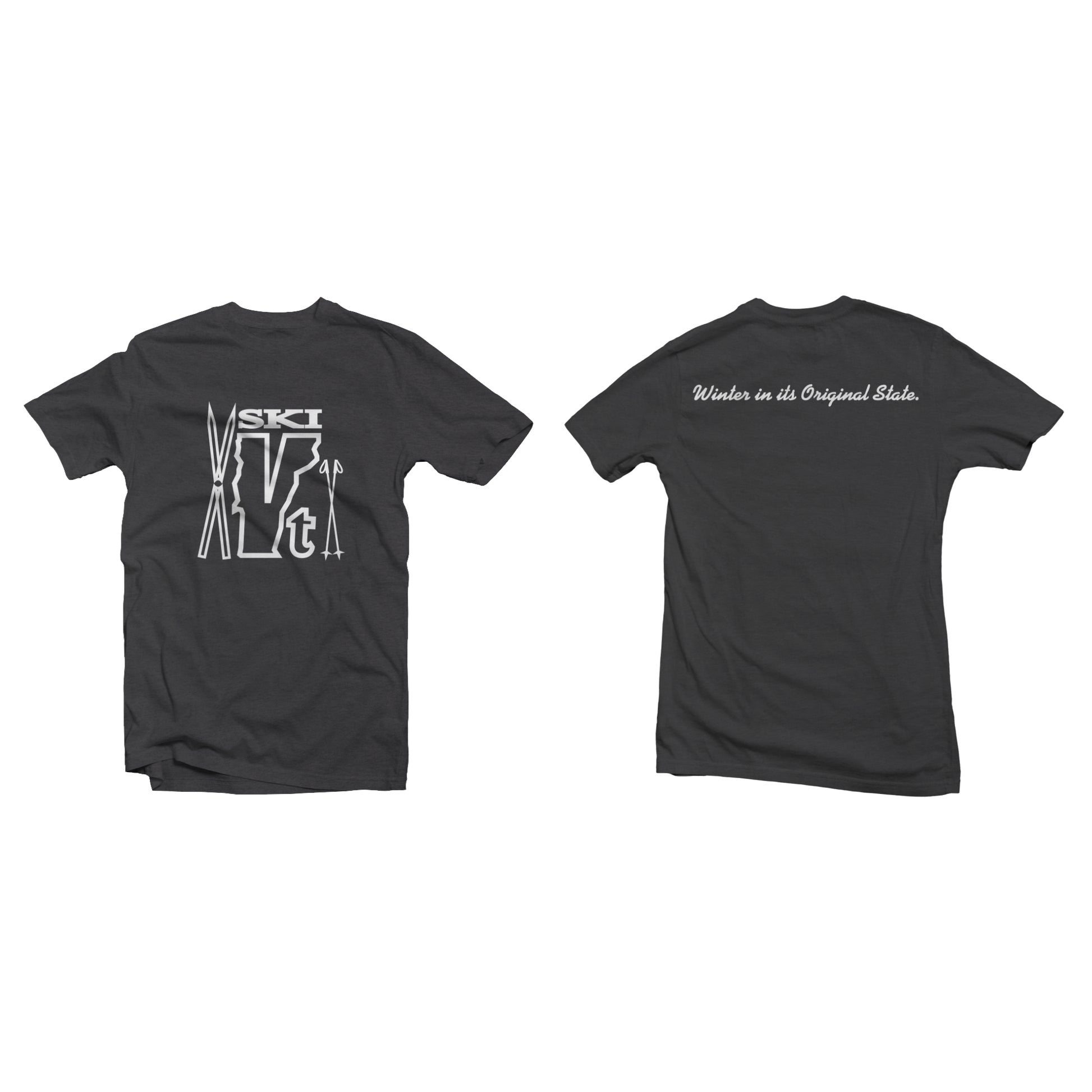 Charcoal t-shirt with a retro “Ski VT” graphic made of skis, poles, and a Vermont outline on the front, and slogan text on the back.