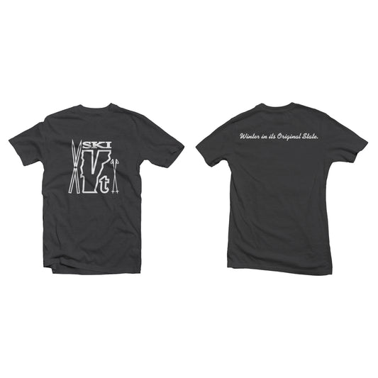 Charcoal t-shirt with a retro “Ski VT” graphic made of skis, poles, and a Vermont outline on the front, and slogan text on the back.