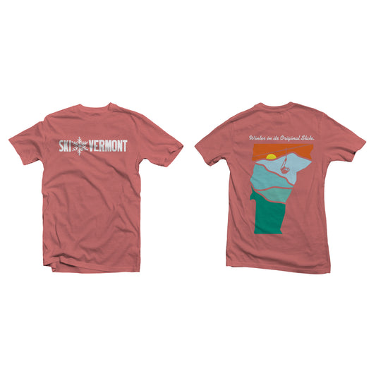 Red Ski Vermont t-shirt with a snowflake logo across the front and a colorful Vermont state outline with a chairlift and sunset on the back.