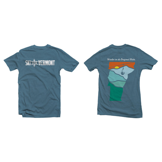 Blue Ski Vermont t-shirt with a snowflake logo across the front and a colorful Vermont state outline with a chairlift and sunset on the back.